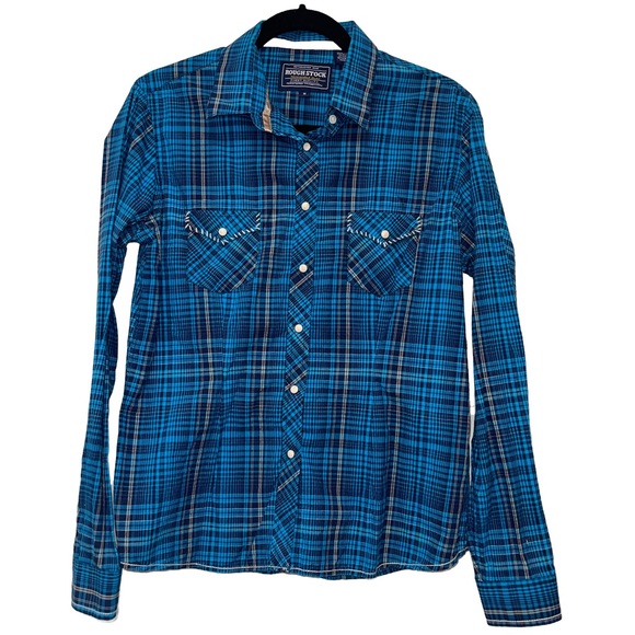 Rough Stock Panhandle Slim Pearl Snap Shirt Blue Flannel Long Sleeve Western M - Picture 1 of 9